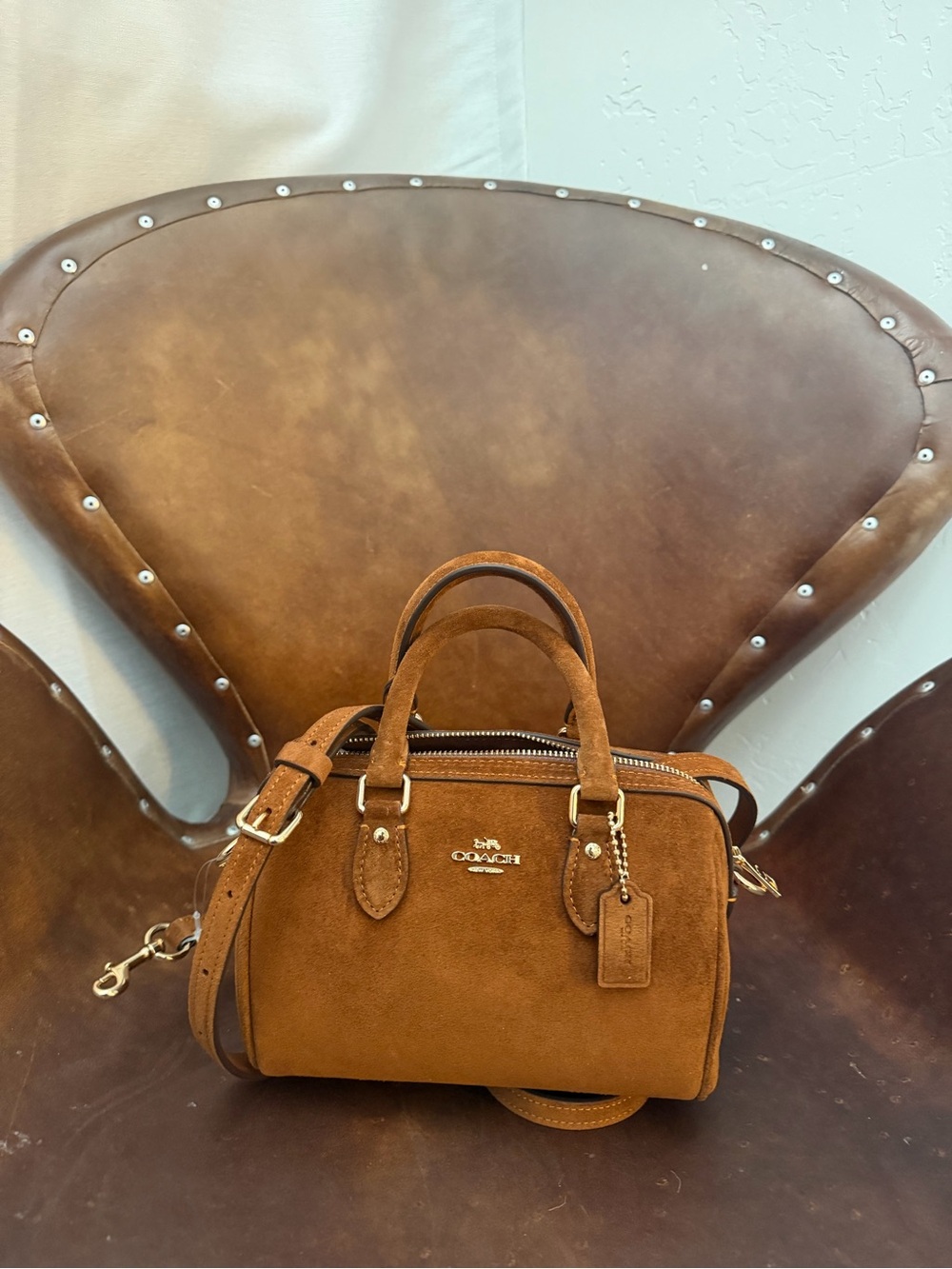 Coach Mini Rowan Brown Suede Crossbody Satchel CEQ65 NWT - Picture 2 of 7
